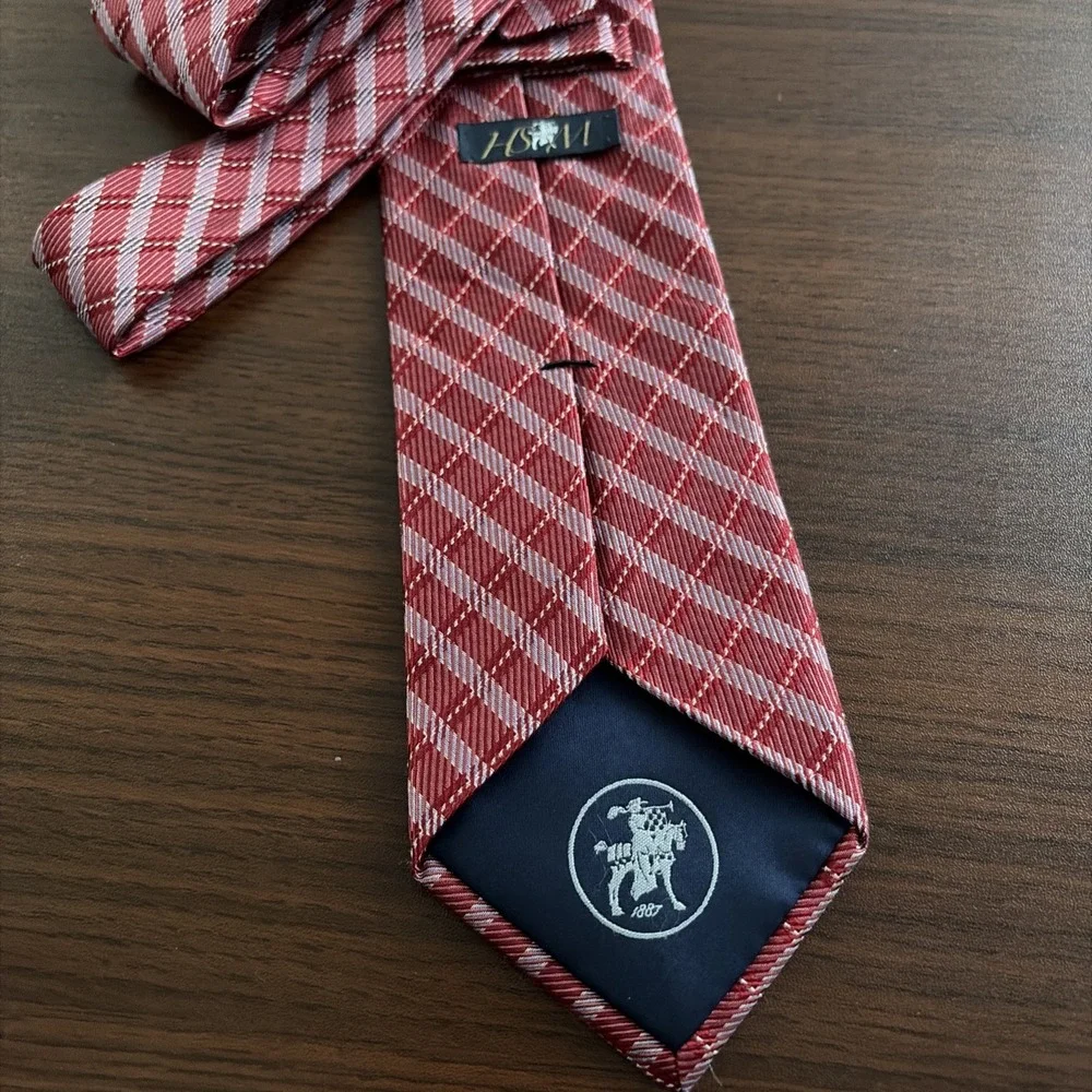Hart Schaffner Marx Mens Silk Tie Burgundy Red Geometric Plaid  USA Made 62